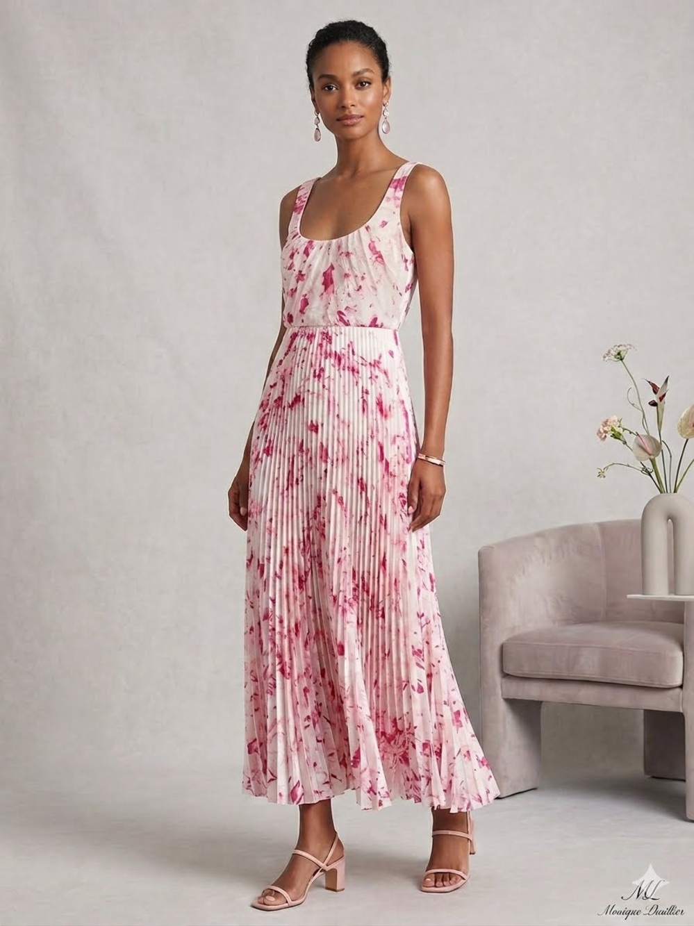 As It May Alina Pink Floral Pleated Sleeveless Dress